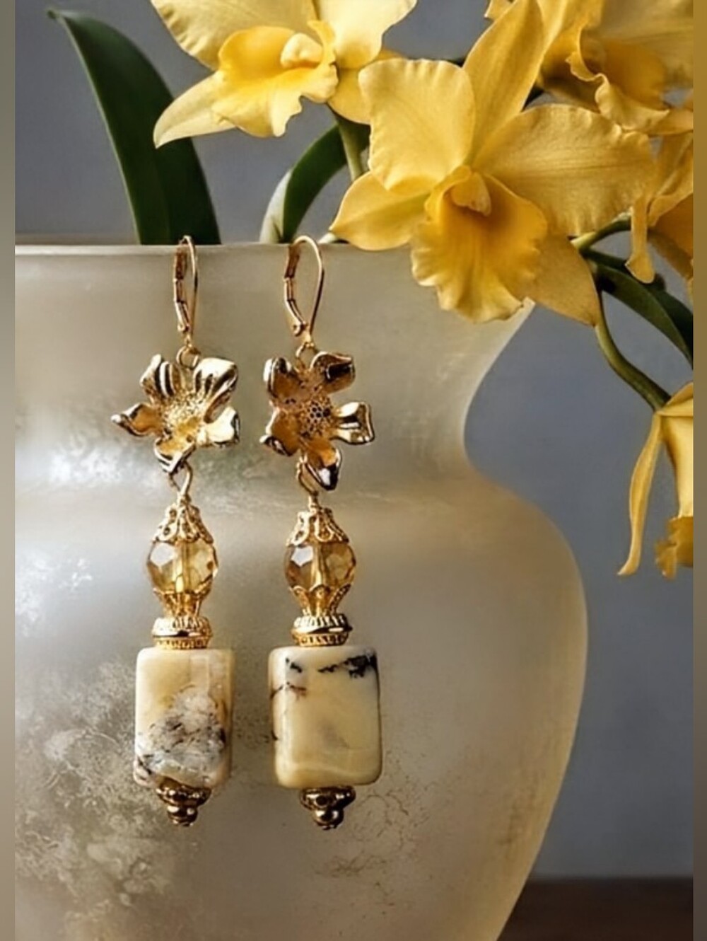 Yellow Opal Large & Natural Citrine In Flower Gold Plated Earrings